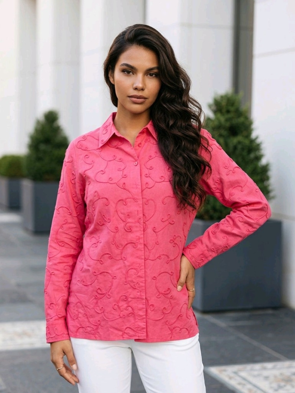 Y2K Jones New York Button-Down Blouse In Pink Intricate Embroidered Scroll M EUC